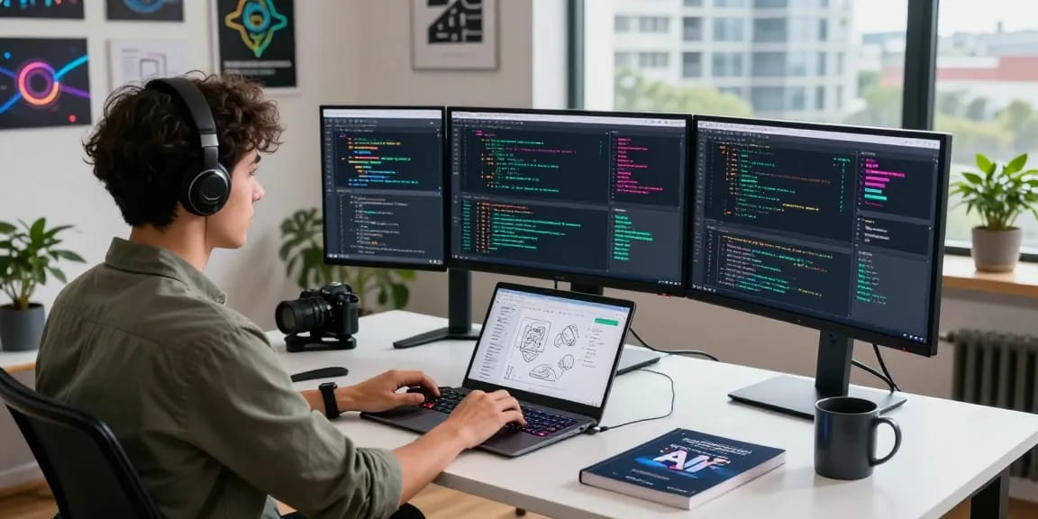 WPS Official Website - Developer engaged in coding at a modern tech workspace featuring multiple screens and advanced tools.
