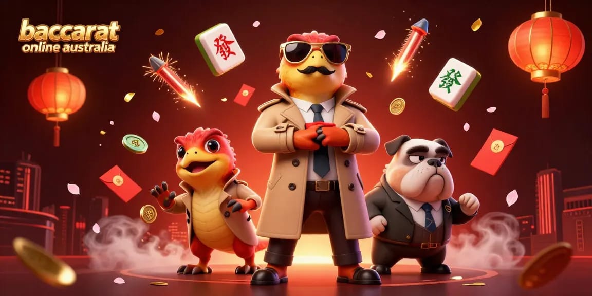 Experience baccarat online Australia with fun characters at a vibrant casino scene.