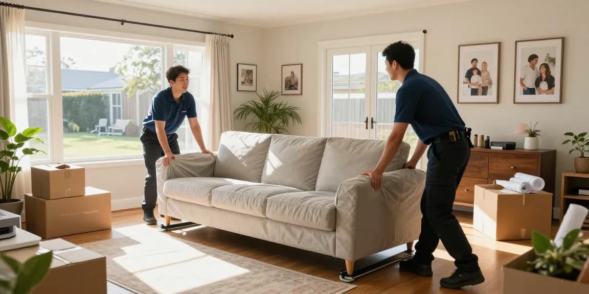 Furniture movers Tauranga expertly handling a sofa in a bright living room, showcasing professionalism and care.