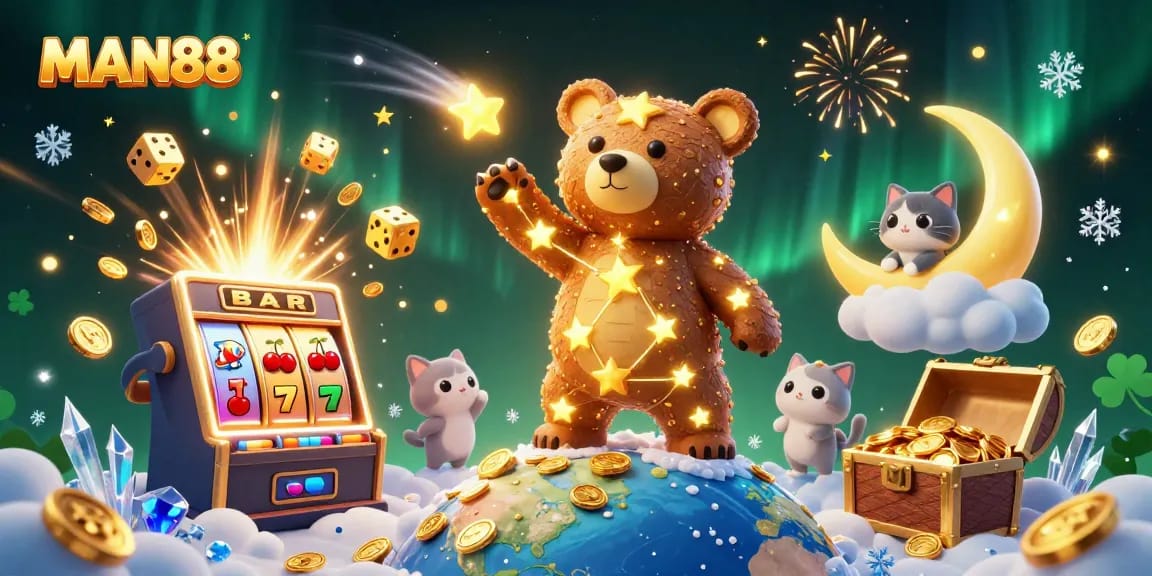 Engage with MAN88's adventure as the constellation bear collects coins amidst casino elements.