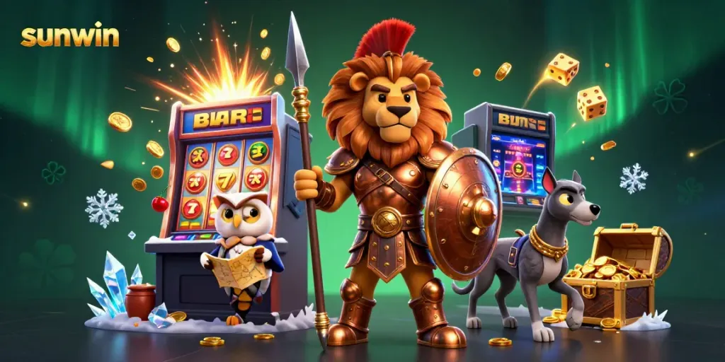 Experience the excitement of sunwin with vibrant slot machines and lively characters in a stunning 3D illustration.