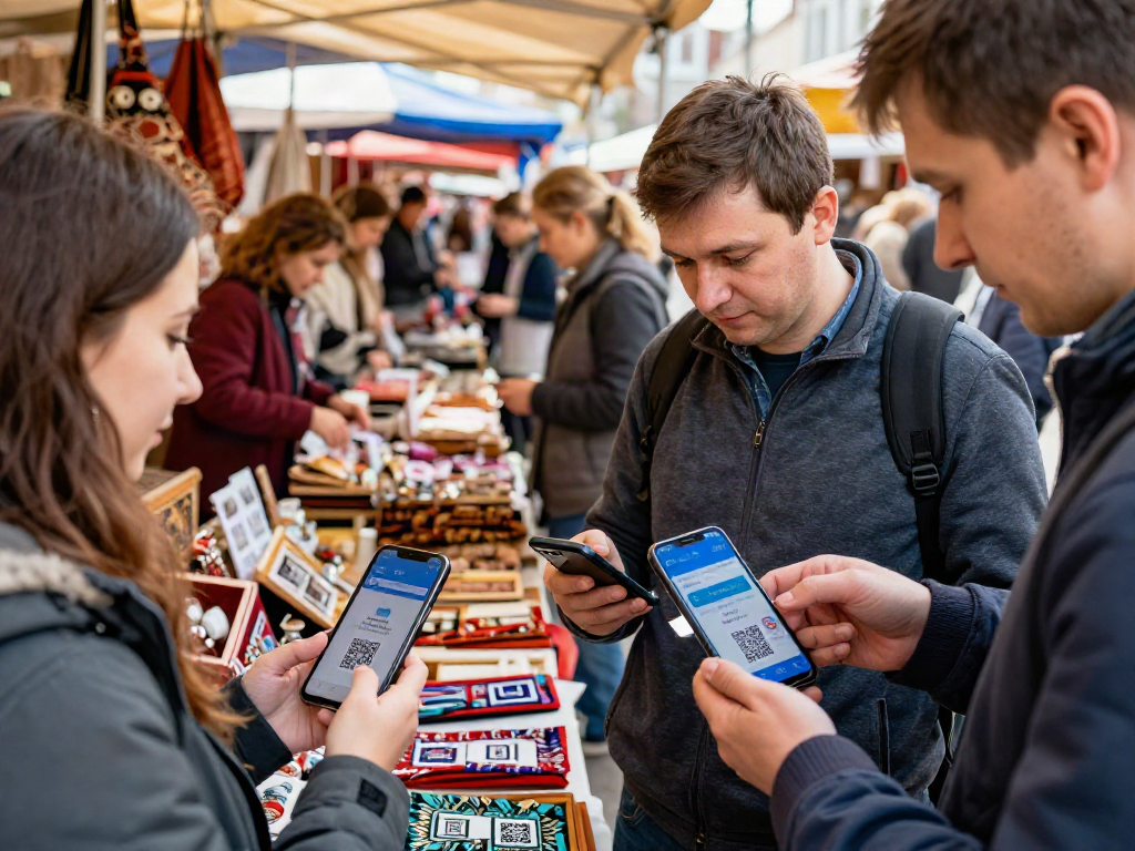Utilizando https://payinrussia.com/ en un mercado local de Rusia, turistas escaneando códigos QR para pagos digitales.
