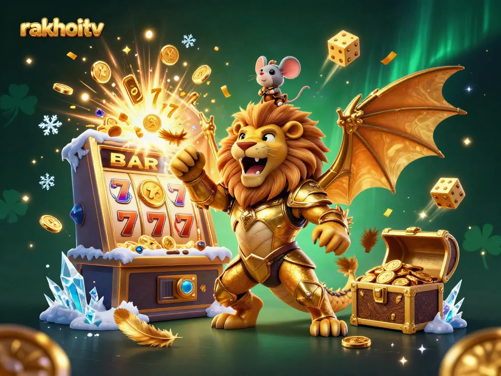 Experience the excitement of rakhoitv with a fantastical 3D illustration of a chimera and golden casino elements.