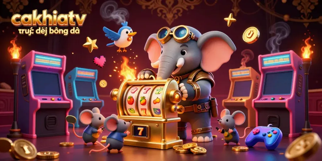 Cakhiatv trực tiếp bóng đá features a steampunk elephant engineer joyfully operating a vibrant slot machine in a dynamic casino scene.