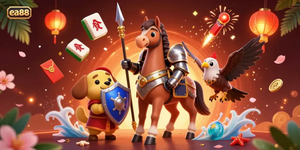 Experience the excitement at ea88 with a vibrant illustration of a knight and his companions amidst dynamic gaming elements.