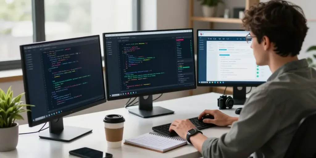 Web developer optimizing rokok88 website in a modern office setting.