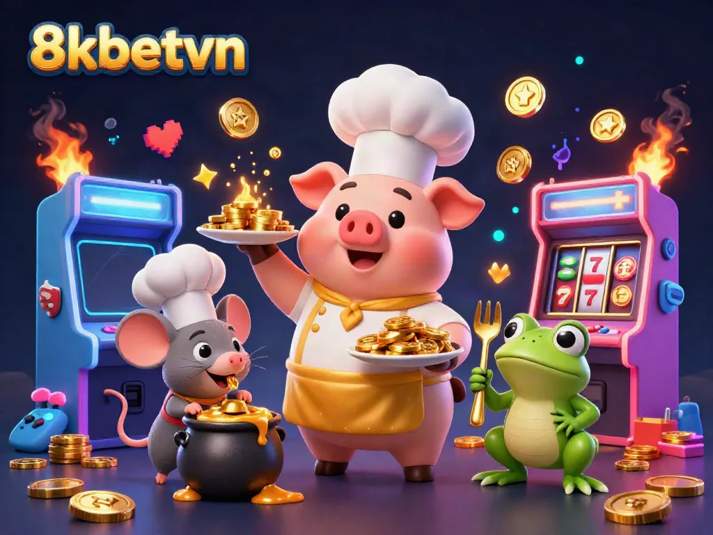 Experience the excitement of 8xbetvn with cartoon characters amidst a gold-filled casino backdrop.