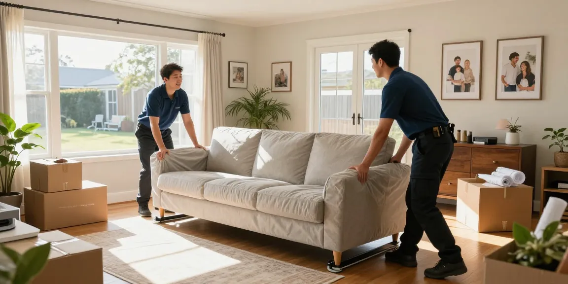 Furniture movers Tauranga expertly handling a sofa in a bright living room, showcasing professionalism and care.