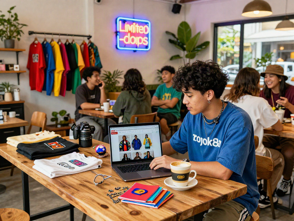 Individual browsing rokok88 fashion merchandise in a vibrant cafe setting.
