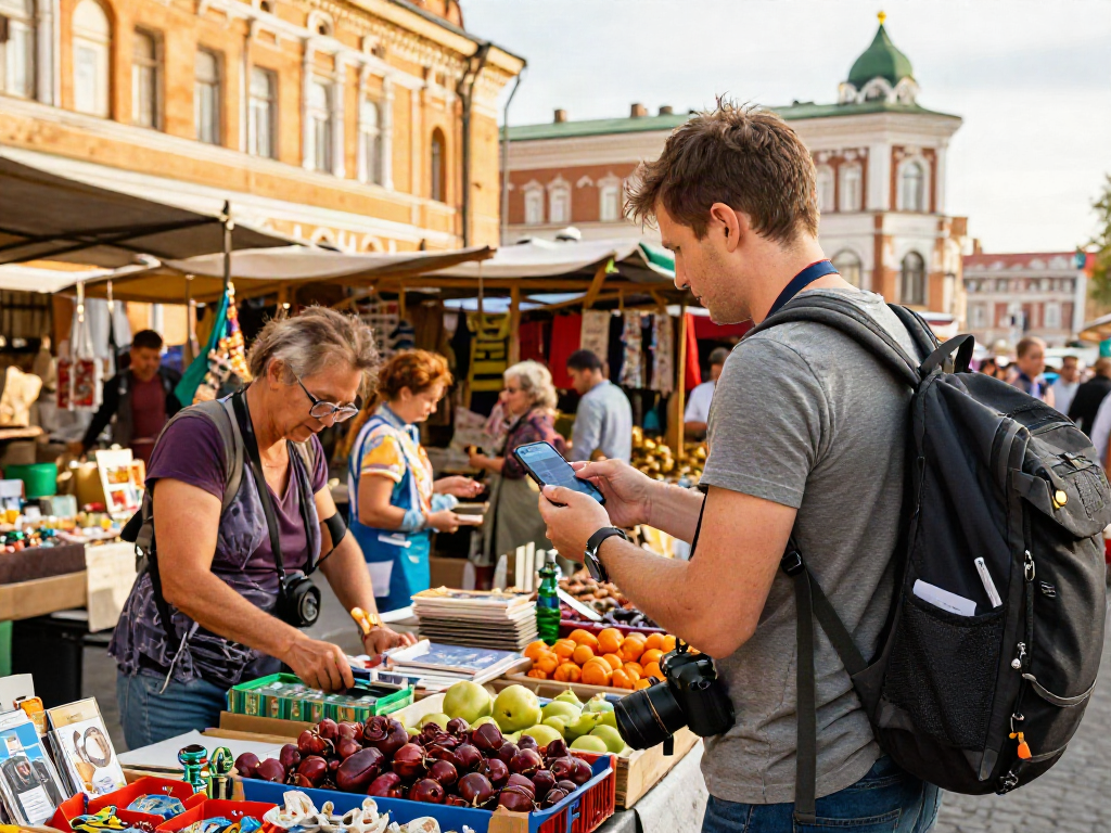 En https://payinrussia.com/, turista usando una app de pago móvil en un mercado ruso vibrante.