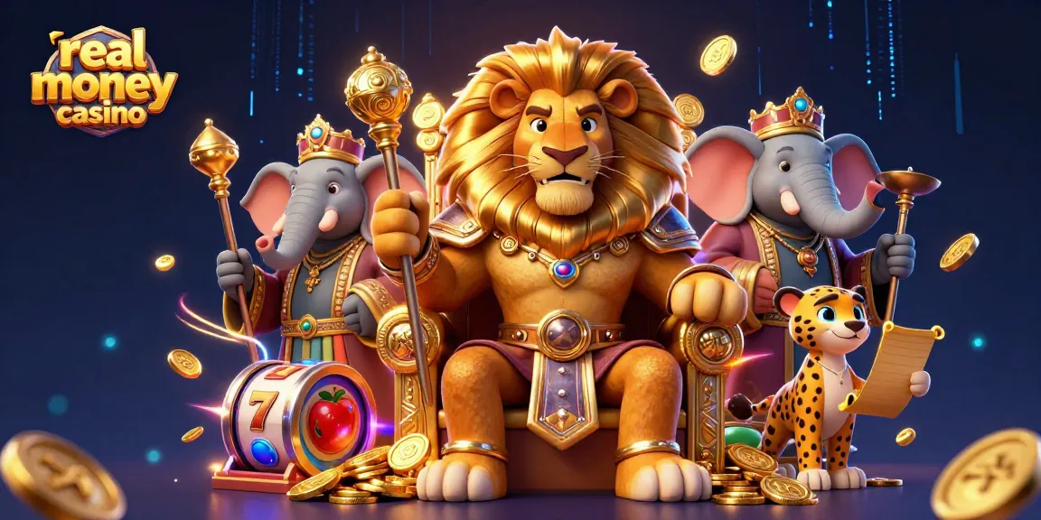 Engage with real money casino thrills featuring a fierce lion king and vibrant slot machines.