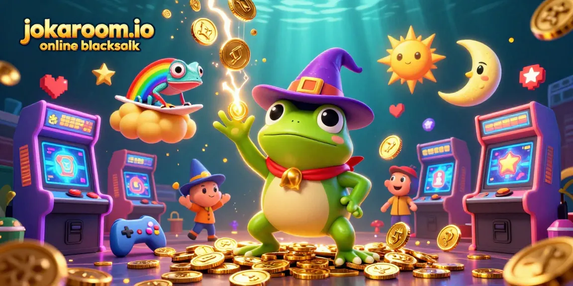 Experience the excitement of jokaroom.io online blackjack with vibrant characters amidst a storm of golden coins.